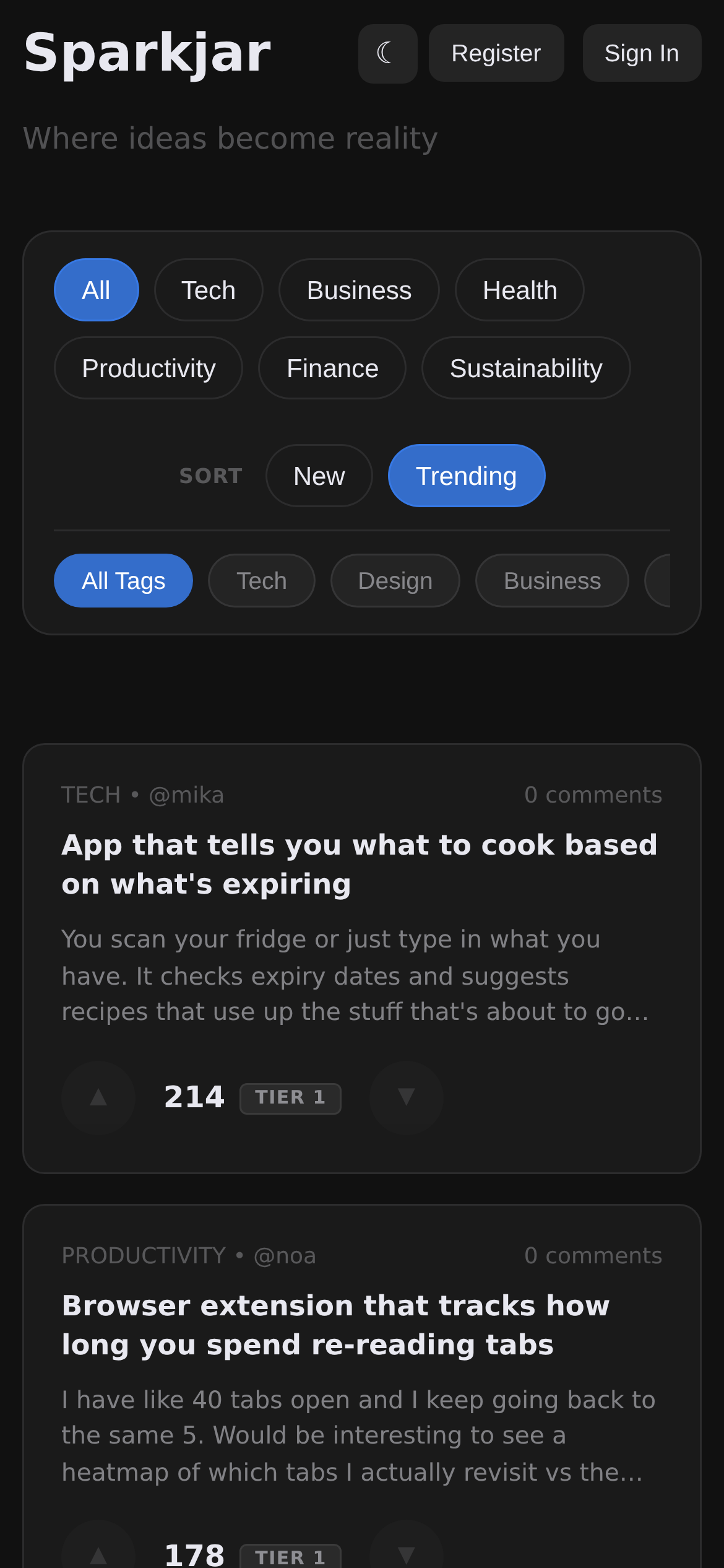 The Sparkjar idea feed